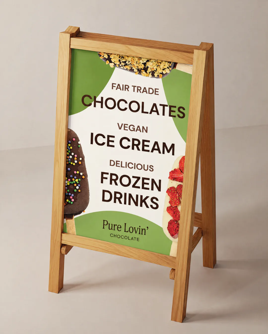 Pure Lovin' Chocolate rebrand by Round 3, A-frame sign