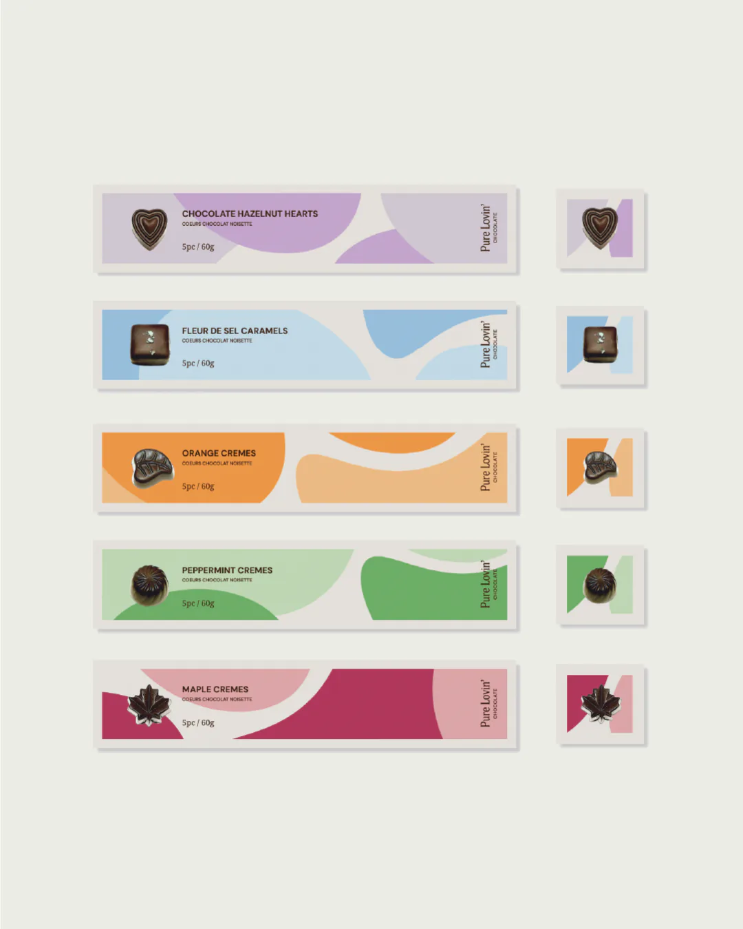 Pure Lovin' Chocolate rebrand by Round 3, chocolate bar wrappers