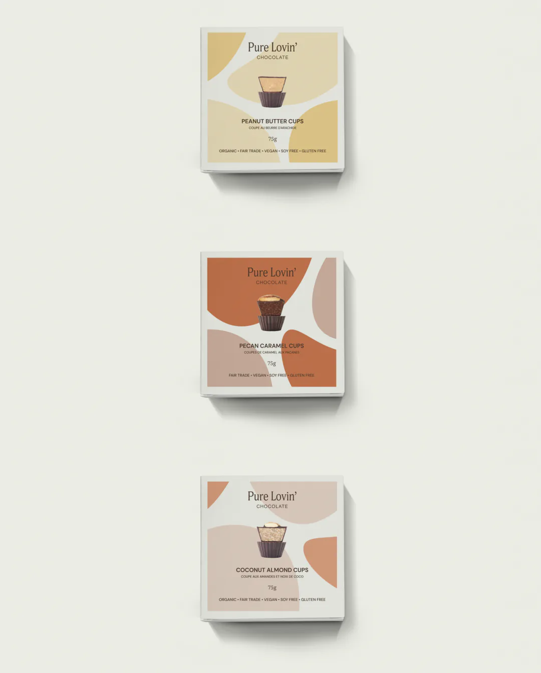 Pure Lovin' Chocolate rebrand by Round 3, chocolate cup boxes
