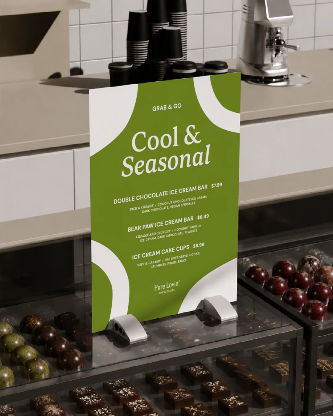Pure Lovin' Chocolate rebrand by Round 3, counter sign