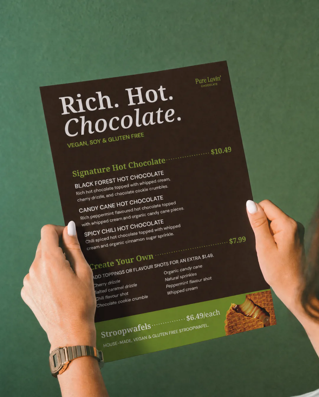 Pure Lovin' Chocolate rebrand by Round 3, hot chocolate menu