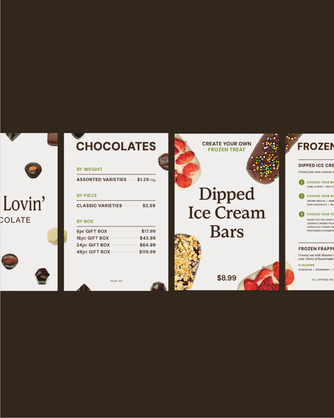 Pure Lovin' Chocolate rebrand by Round 3, menu boards