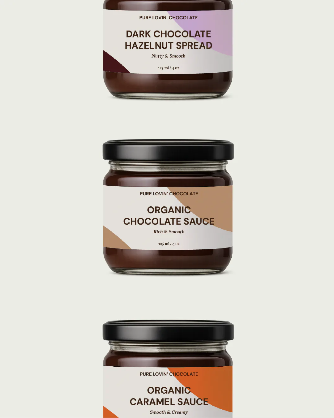 Pure Lovin' Chocolate rebrand by Round 3, sauce and spread jars