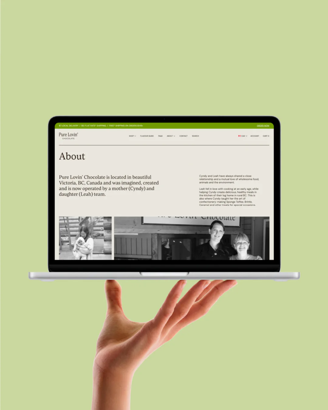 Pure Lovin' Chocolate rebrand by Round 3, website on laptop