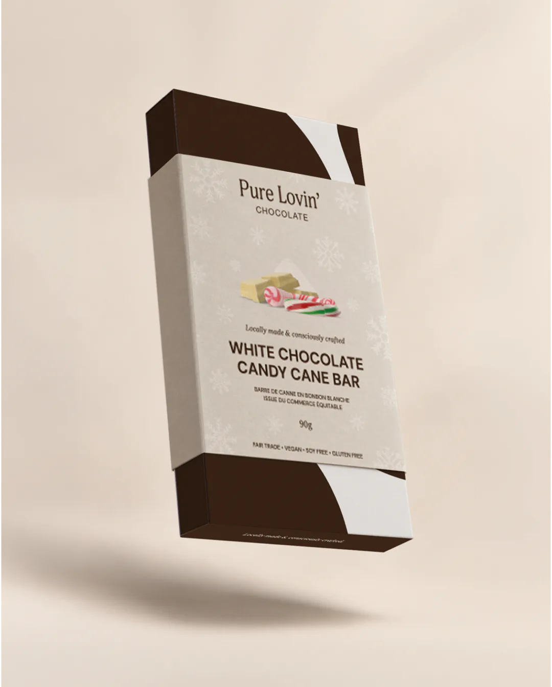 Pure Lovin' Chocolate rebrand by Round 3, white chocolate candy cane bar