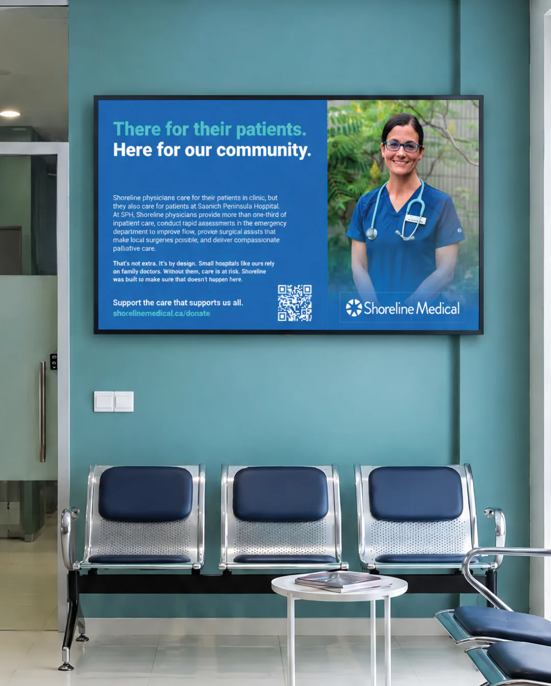 shoreline-medical-fundraising-campaign-2025-26-clinic-waiting-room-screen Shoreline Medical donation message on a clinic waiting room screen
