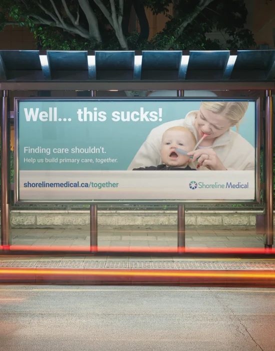 Shoreline Medical fundraising campaign by Round 3, transit shelter poster