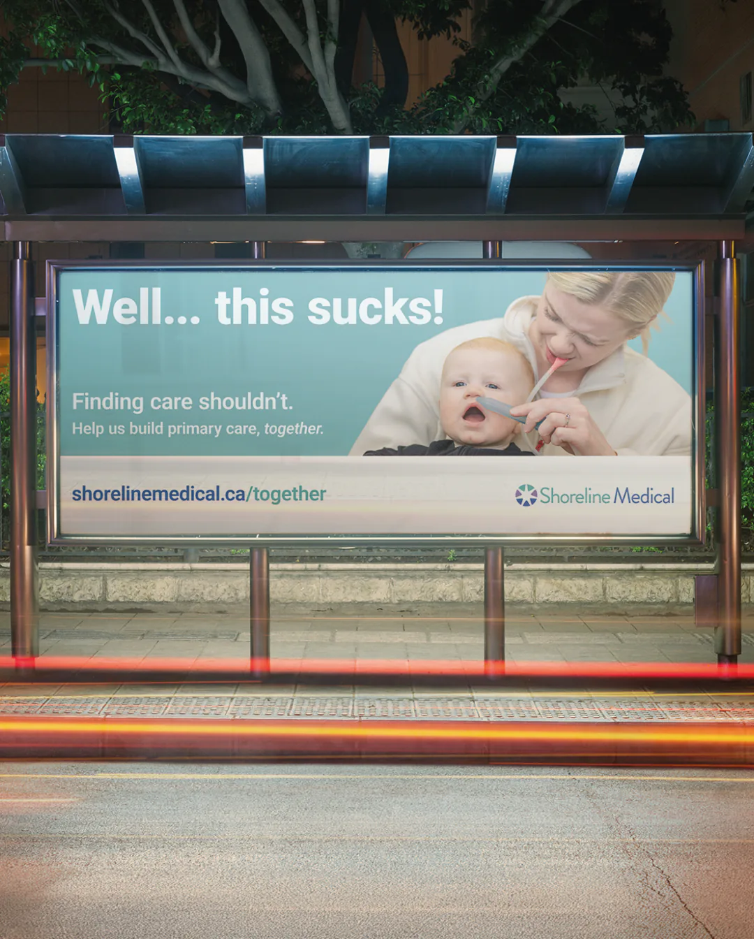 Shoreline Medical fundraising campaign by Round 3, transit shelter poster