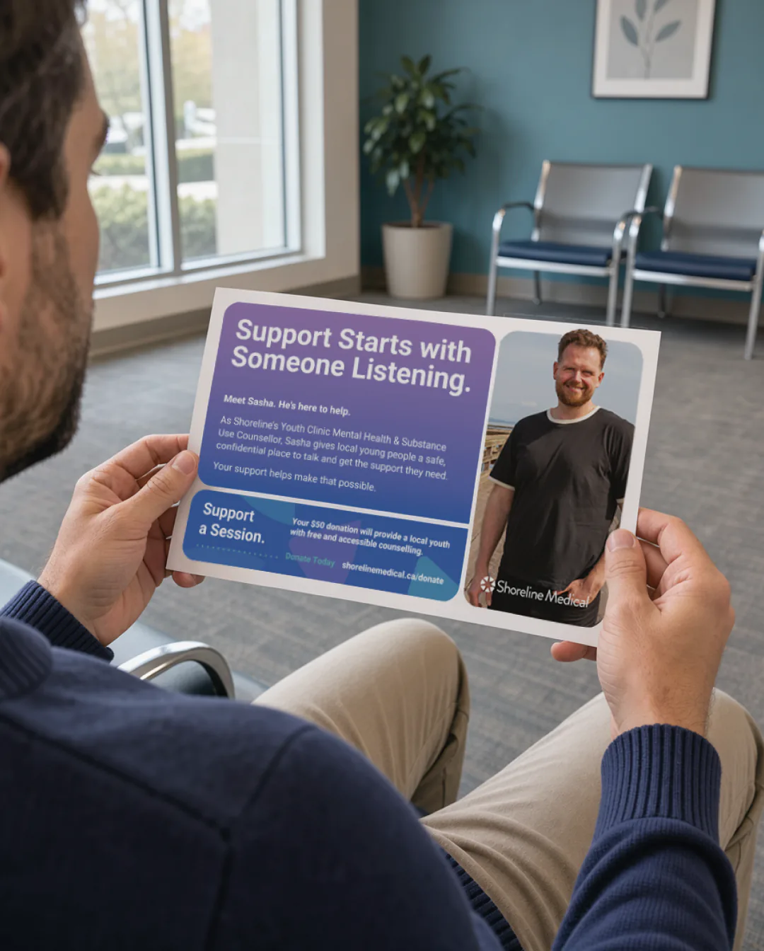 shoreline-medical-fundraising-campaign-2025-26-youth-clinic-donor-postcard Shoreline Medical youth clinic "Support Starts with Someone Listening" postcard