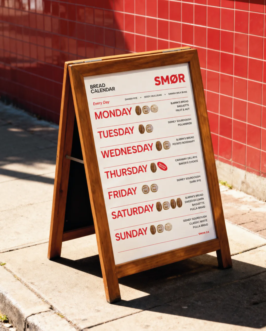Smør Scandinavian Bakery brand refresh by Round 3, bread schedule sign